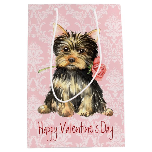Valentine-Rose Yorkie Mittlere Geschenktüte (Vorderseite)