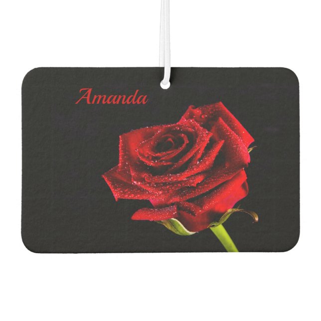 Valentine rote Rose mit Wassertropfen und Name Autolufterfrischer (Vorderseite)