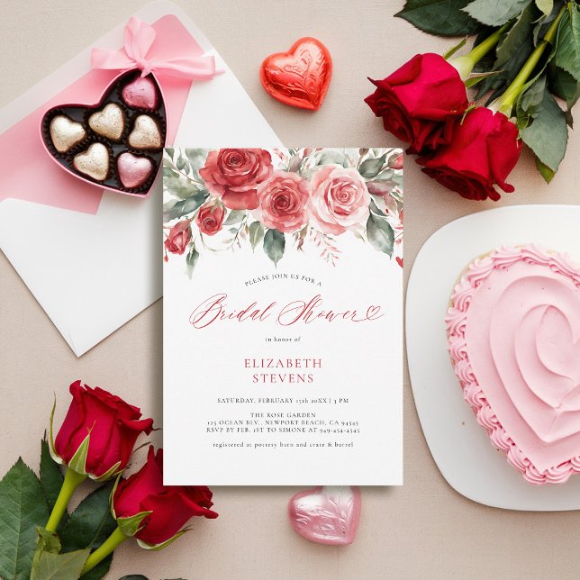 Valentine Rote Rosen Kalligrafie Chic Brautparty Einladung (valentine bridal shower invitation watercolor red roses elegant calligraphy modern feminine chic)
