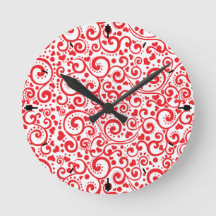 Valentine - Rotes Herz und Wirbel nahtlos Runde Wanduhr
