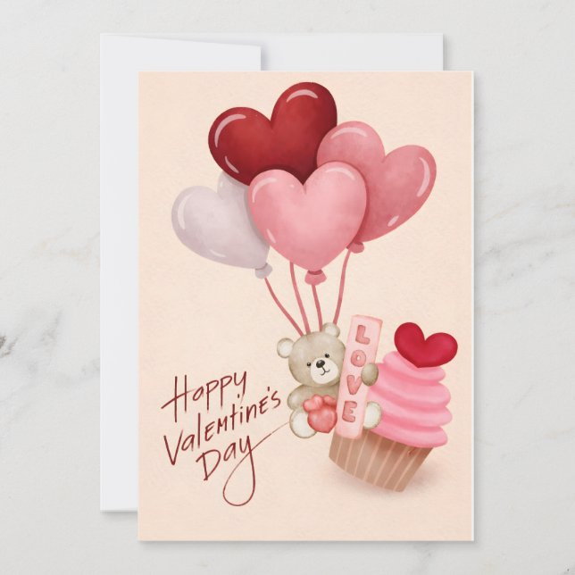 Valentine’s Day Card with Heart Balloons & Cupcake (Vorderseite)