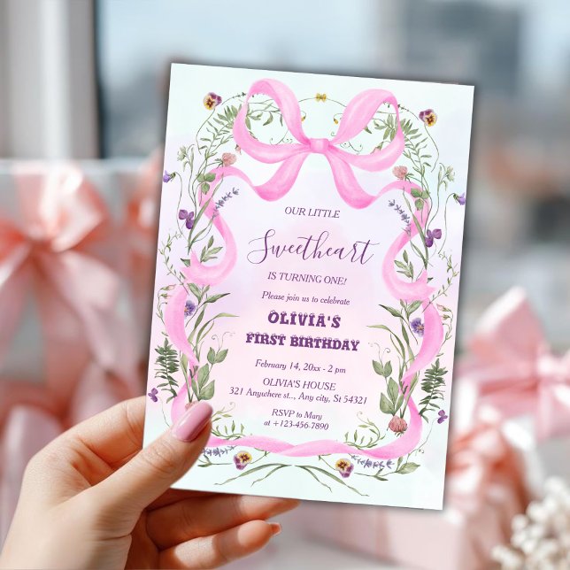 Valentine’s Day Floral Pink Bow First Birthday Einladung (Von Creator hochgeladen)