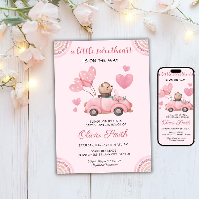Valentine’s Day Sweetheart Pink Car Baby Shower Einladung (Von Creator hochgeladen)