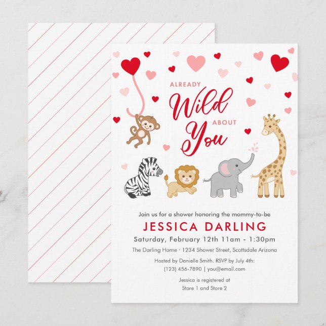 Valentine Safari Baby Showthema Einladung (Vorne/Hinten)