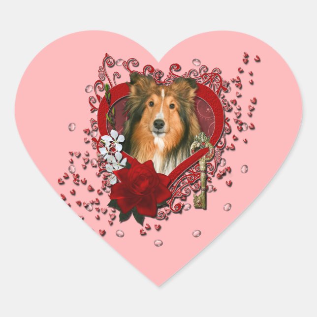 Valentine - Schlüssel zu meinem Herzen - Sheltie Herz-Aufkleber (Vorderseite)