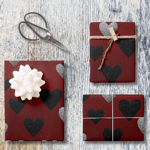 Valentine Silber Schwarz Glitter Herzen auf Burgun Geschenkpapier Set