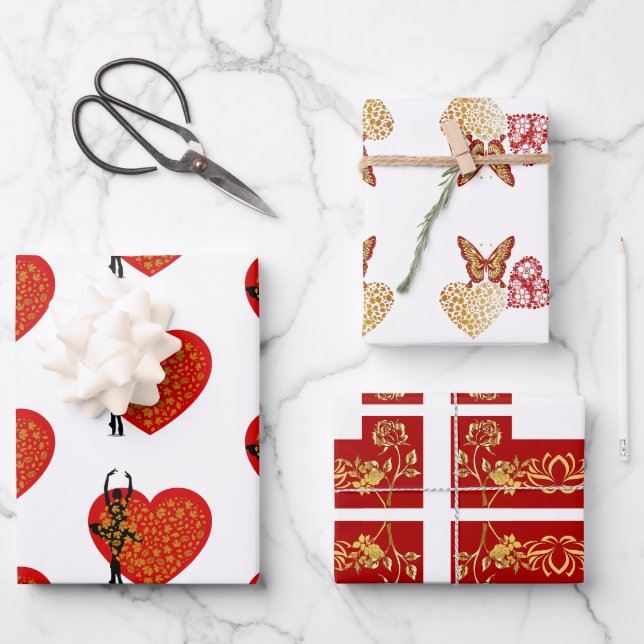 Valentine Sweeping Heavy Butterfly Flora Goldene K Geschenkpapier Set (Vorderseite)