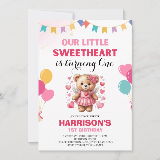 Valentine Sweetheart Pink Teddy Bear Geburtstag Einladung (Vorderseite)