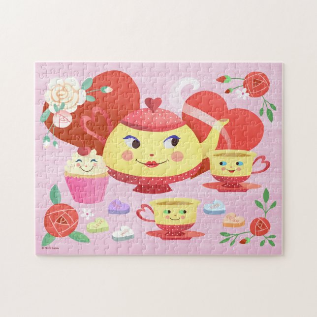 Valentine Teapot, Teacups und Rose mit Herz (Horizontal)