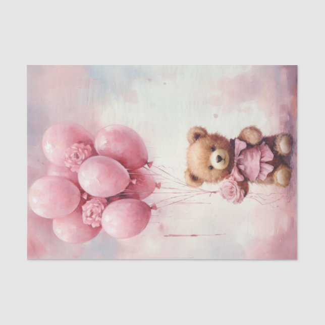 Valentine Teddy Bear Holding Pink Balloons Seidenpapier (Vorderseite)