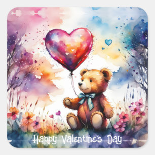 Valentine Teddy Bear mit Herzballon Quadratischer Aufkleber