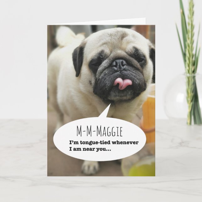 Valentine Tongue-gebundener Mops Feiertagskarte (Vorderseite)
