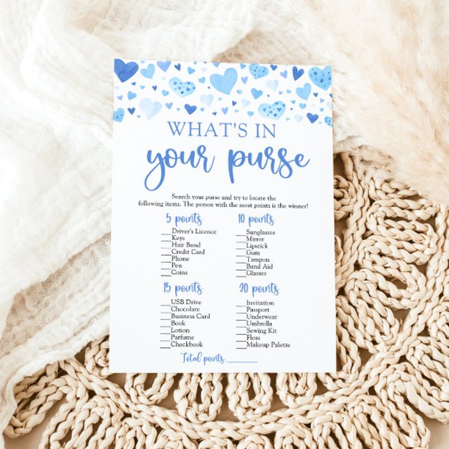 Valentine Was ist in Ihrem Purse Baby Shower Game? Einladung (Watercolor Cute Blue Hearts Valentine Sweetheart February Boy What's In Your Purse Baby Shower Game)