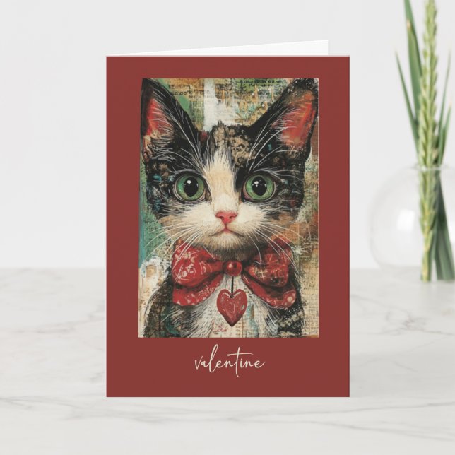 Valentine Whimsical Painterly Cat Red Heart Karte (Vorderseite)