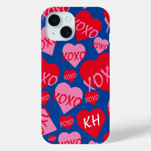 Valentine XOXO Herz rosa rotes Muster Blauer Name Case-Mate iPhone Hülle