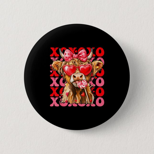 Valentine Xoxo Highland Cow Cute Coquette Bow West Button (Vorderseite)