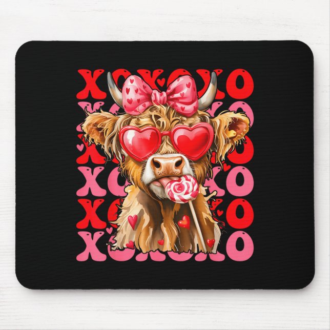 Valentine Xoxo Highland Cow Cute Coquette Bow West Mousepad (Vorne)