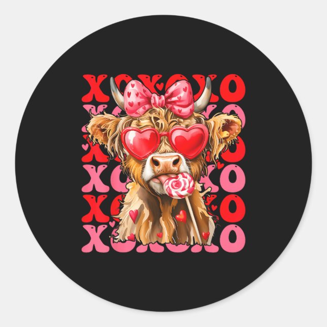 Valentine Xoxo Highland Cow Cute Coquette Bow West Runder Aufkleber (Vorderseite)