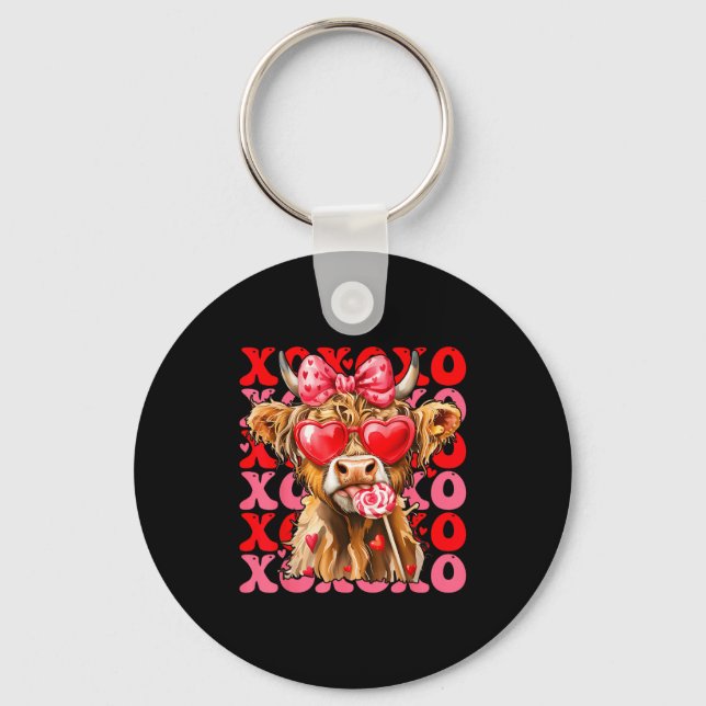 Valentine Xoxo Highland Cow Cute Coquette Bow West Schlüsselanhänger (Vorderseite)