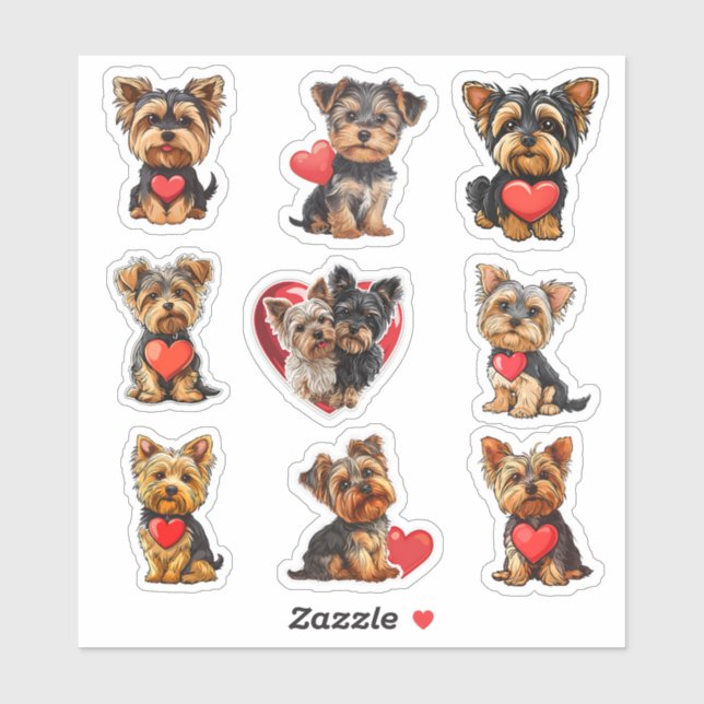 Valentine Yorkshire Terrier Dog Set mit 9 Aufklebe Aufkleber (Blatt)
