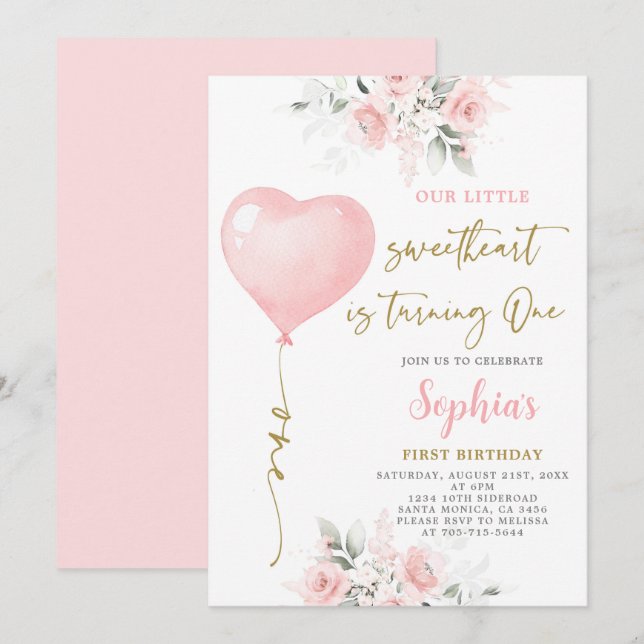 Valentineinladung zum 1. Geburtstag Einladung (Vorne/Hinten)