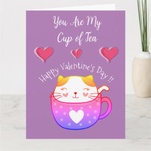 Valentinenkarte mit einer Katze in einer Teetasse Karte