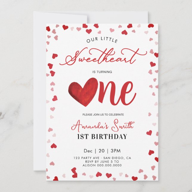 Valentines 1st girl Birthday Einladung (Vorderseite)