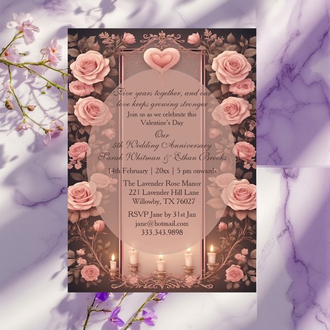 Valentines 5th Wedding Anniversary Burgundy Roses  Einladung (Valentines 5th Wedding Anniversary Burgundy Roses Invitation)
