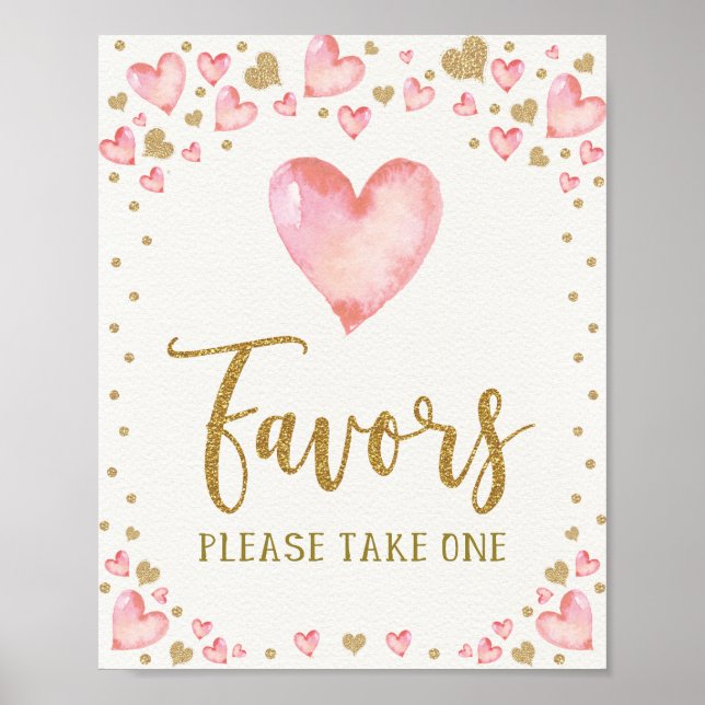 Valentines Birthday Favors Pink Gold Hearts Dusche Poster (Vorne)