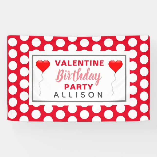 Valentines Birthday Party Red Hearts Personalisier Banner (Horizontal)