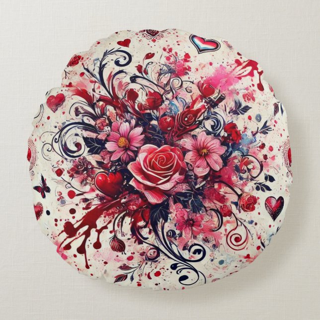 Valentines Bouquet / Rose Spritzer Art Rundes Kissen (Vorderseite)