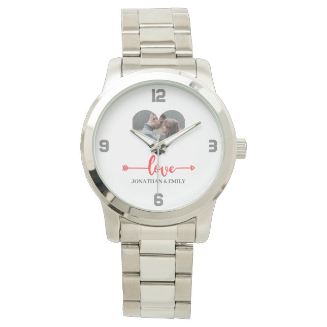 Valentines Couple Heart Custom Personalisiert Foto Armbanduhr (Vorderseite)