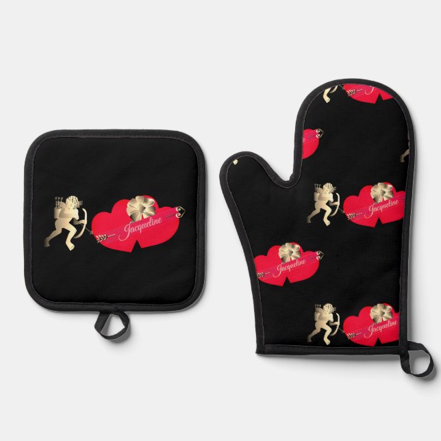 Valentine's Cupid w/Hearts  Ofenhandschuh & Topflappen-Set (Vorderseite)