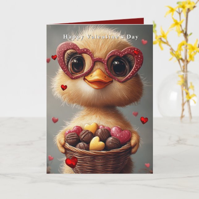 Valentine's Day Baby Duck Heart Glasses Karte (Gelbe Blume)