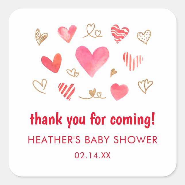 Valentines Day Baby Shower Danke Quadratischer Aufkleber (Vorderseite)