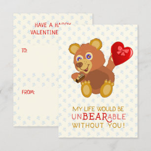 Valentine's Day Bear Funny Kids School Klassenzimm Karte