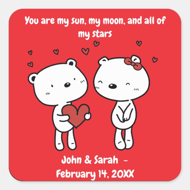 Valentine's Day Bear Heart Quadratischer Aufkleber (Vorderseite)