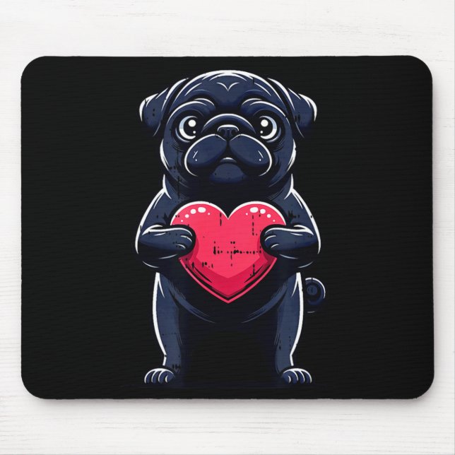Valentines Day Black Pug Heart Funny Dog Mom Dad F Mousepad (Vorne)