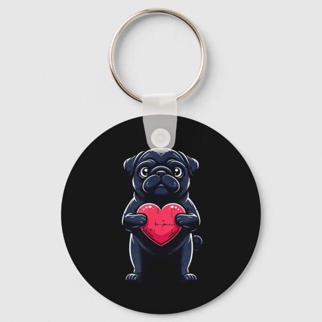 Valentines Day Black Pug Heart Funny Dog Mom Dad F Schlüsselanhänger (Vorderseite)