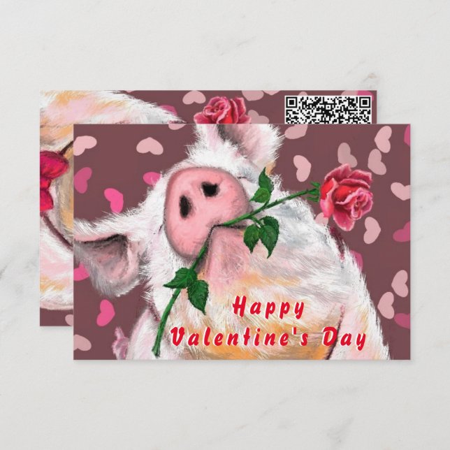 Valentine's Day Card Gentleman Pig QR Code Wish Karte (Vorne/Hinten)