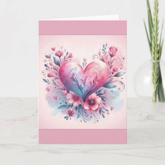 Valentine's Day Card Pink Flowers Pink Heart Dankeskarte (Vorderseite)