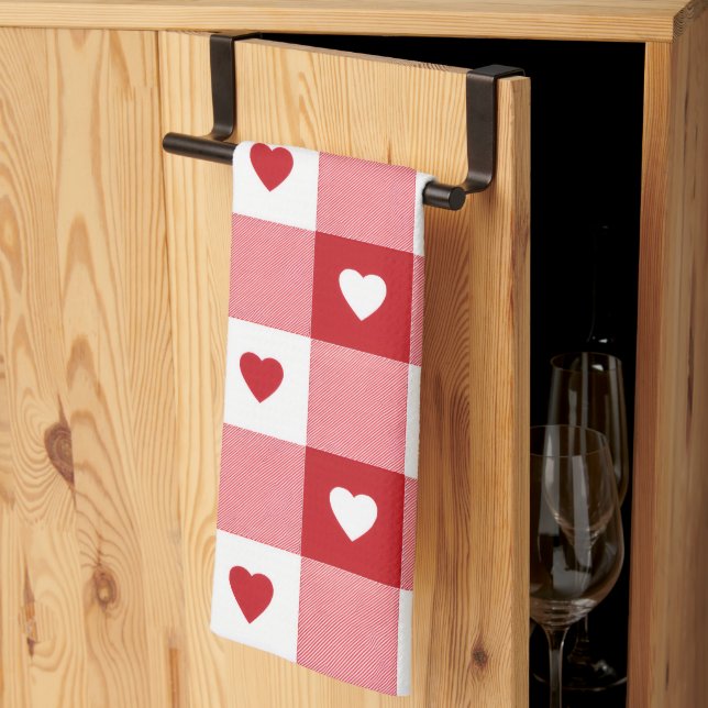 Valentine's Day Charming Red & White Check Heart  Geschirrtuch (Drittel gefaltet)
