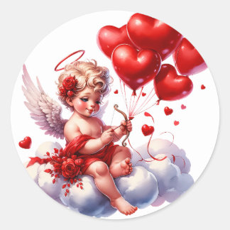 Valentine's Day Cherub Heart Red White Runder Aufkleber