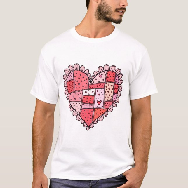 Valentine's Day Faux Patchwork Heart Doodle Style T-Shirt (Vorderseite)