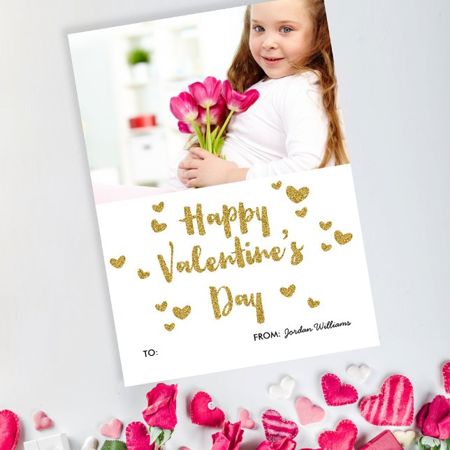 Valentine's Day Foto Glittery Goldene Klasse Mitteilungskarte (Von Creator hochgeladen)