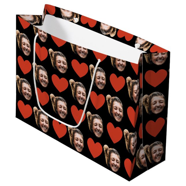 Valentines Day Funny Custom Face Photo Love Heart  Große Geschenktüte (Vorderseite Schrägansicht)