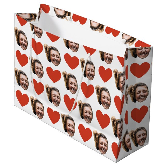 Valentines Day Funny Custom Face Photo Love Heart  Große Geschenktüte (Vorderseite Schrägansicht)