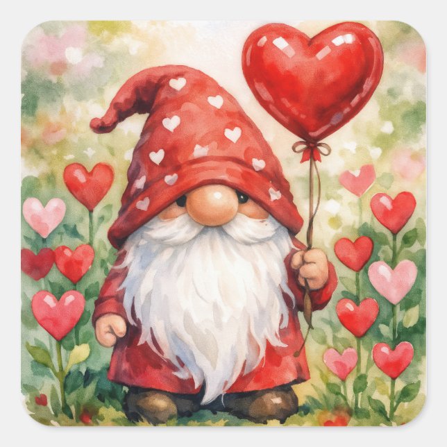 Valentine's Day Gnome with Red Heart Balloon Quadratischer Aufkleber (Vorderseite)