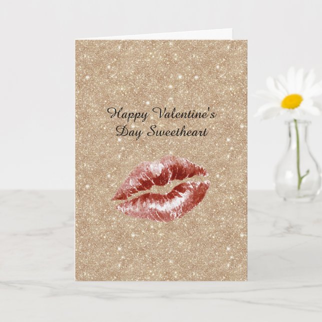 Valentine's Day Gold Glitter Red Lips Kiss Karte (Kleine Pflanze)