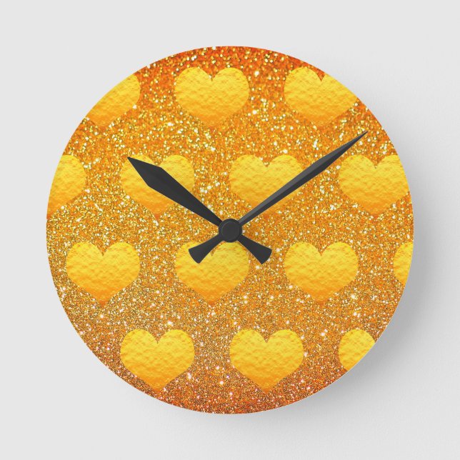 Valentine's Day Gold Heart Pattern Glitter Sparkly Runde Wanduhr (Vorderseite)